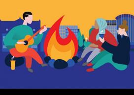 Graphic illustration of community around a fire